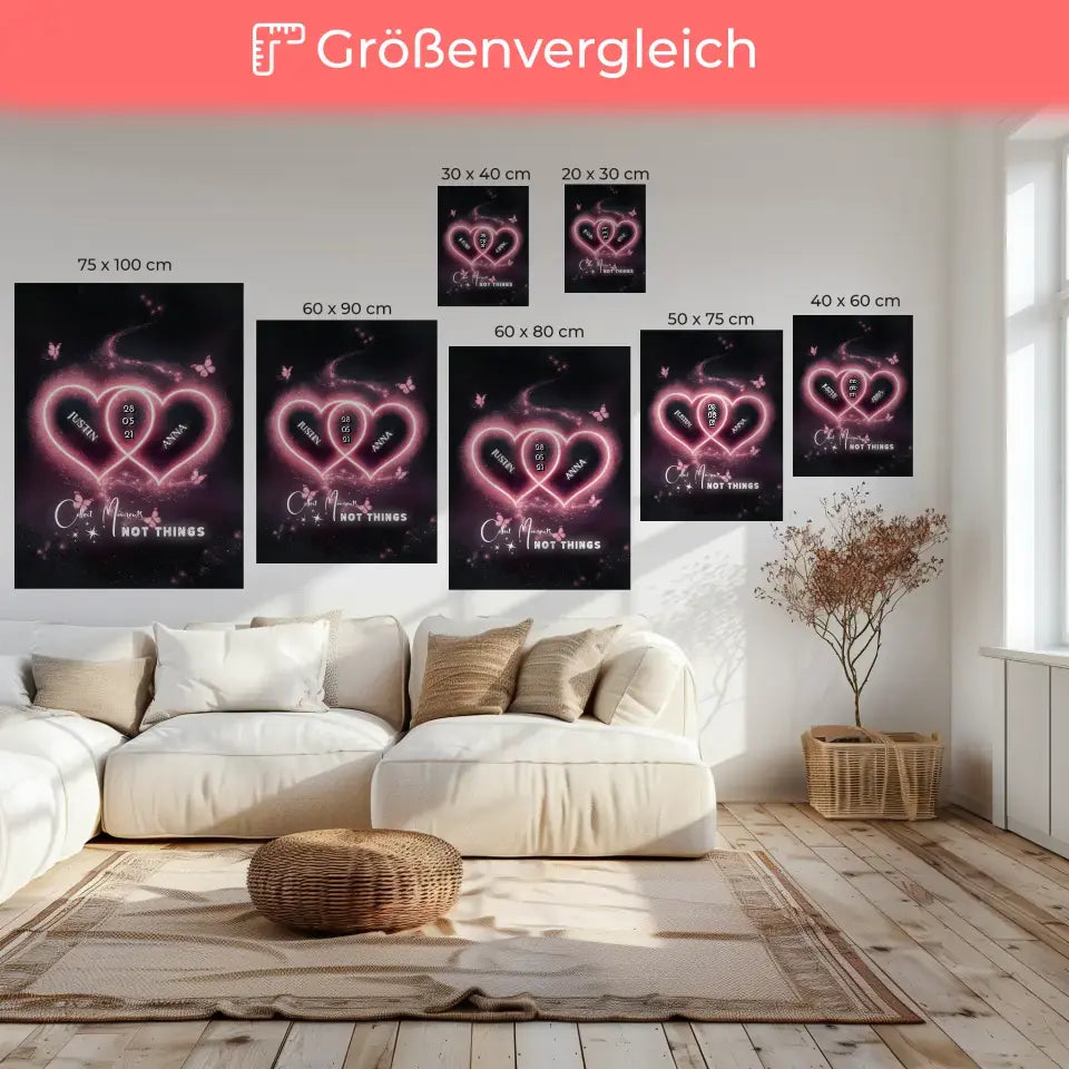 Personalisierte Paar Leinwand Rosa Herzen mit Namen Love