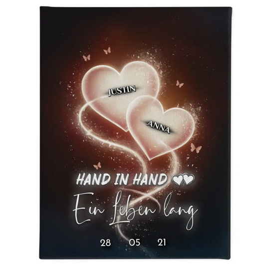 Leinwand personalisiert mit Namen Licht Herzen Hand in Hand 1