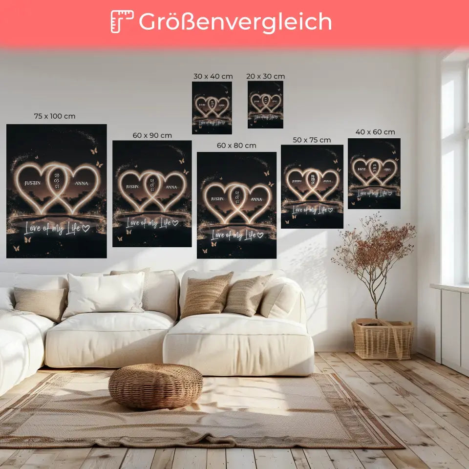 Leinwand Liebe für Dein Schatz Licht Herzen Personalisiert