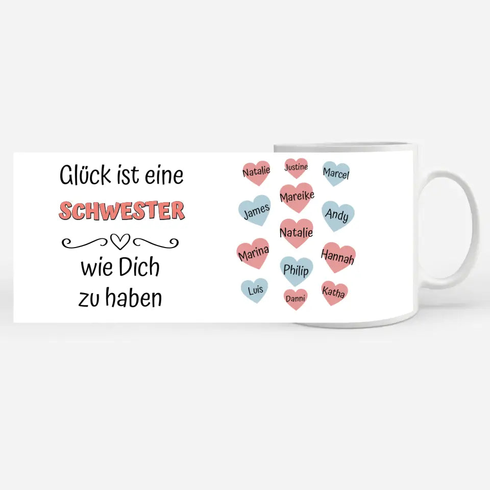 Tasse für Schwester personalisiert mit bis zu 13 Namen Glück ist