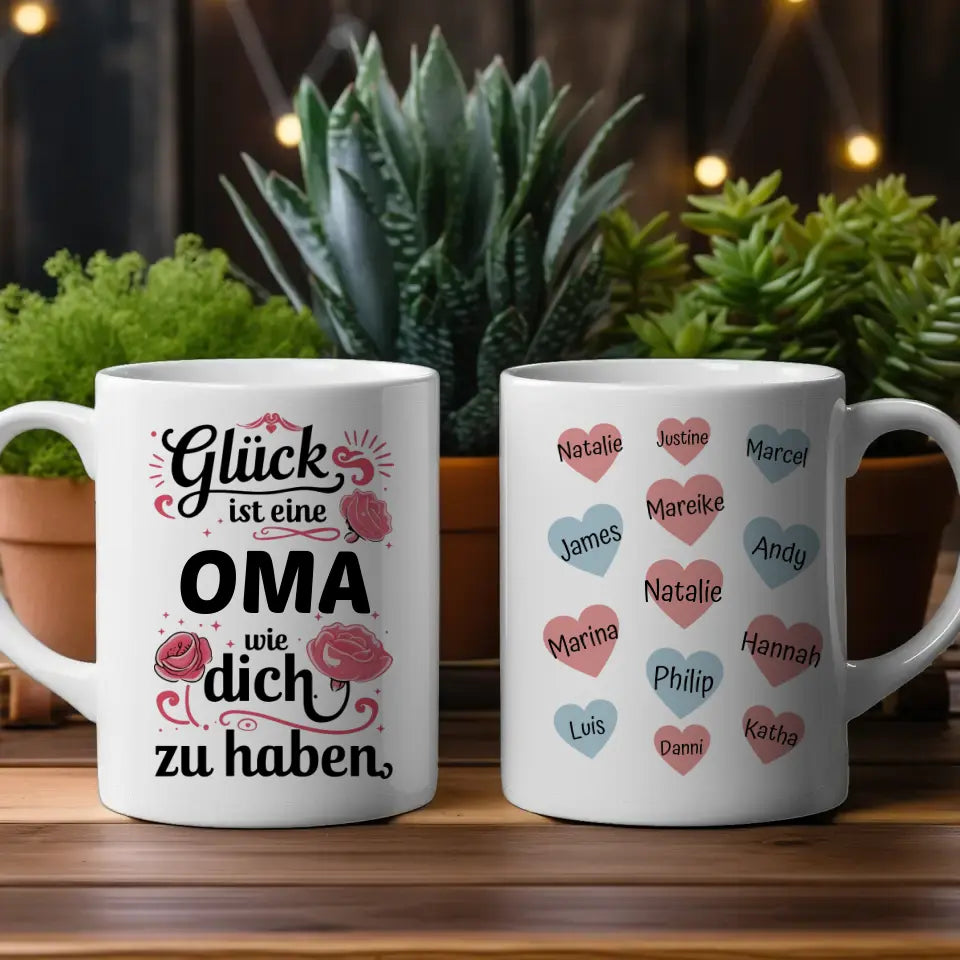 Kaffetasse Personalisiert Glück ist Oma wie Du bis 13 Namen