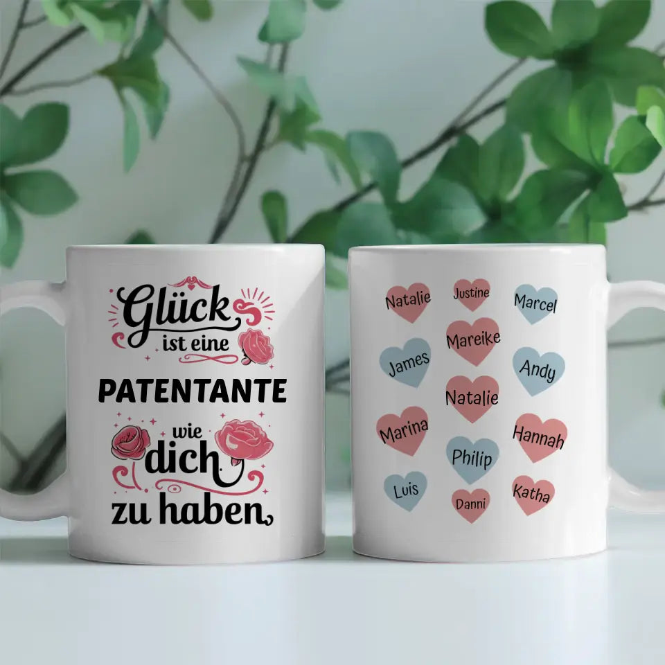 Tasse personalisiert - Glück ist eine Patentante Geschenk mit 13 Namen