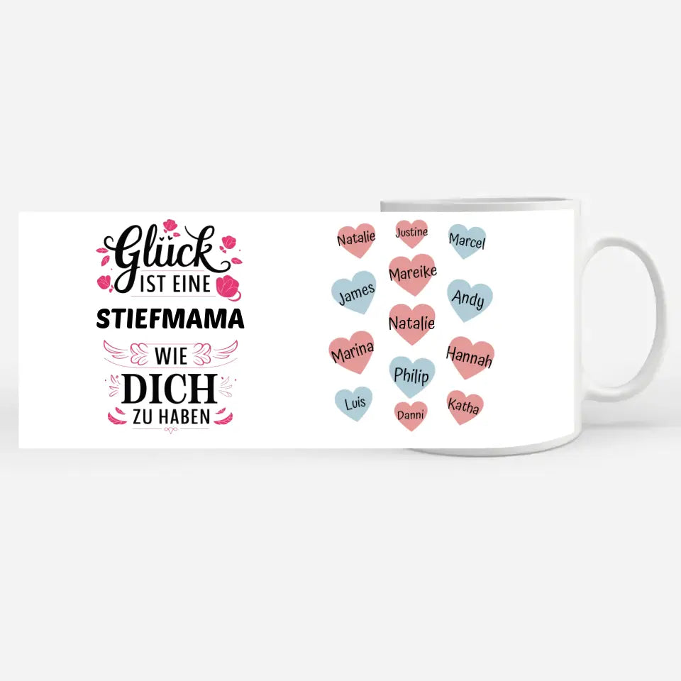 Kaffetasse Personalisiert Glück ist Stiefmama mit 13 Namen