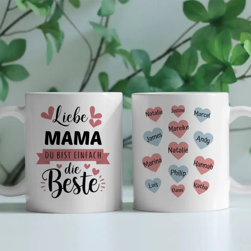 Tasse Mama ist die Beste personalisiert mit 13 Namen