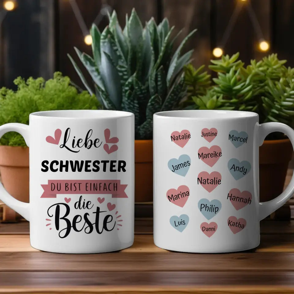 Tasse Schwester ist die Beste personalisiert mit 13 Namen