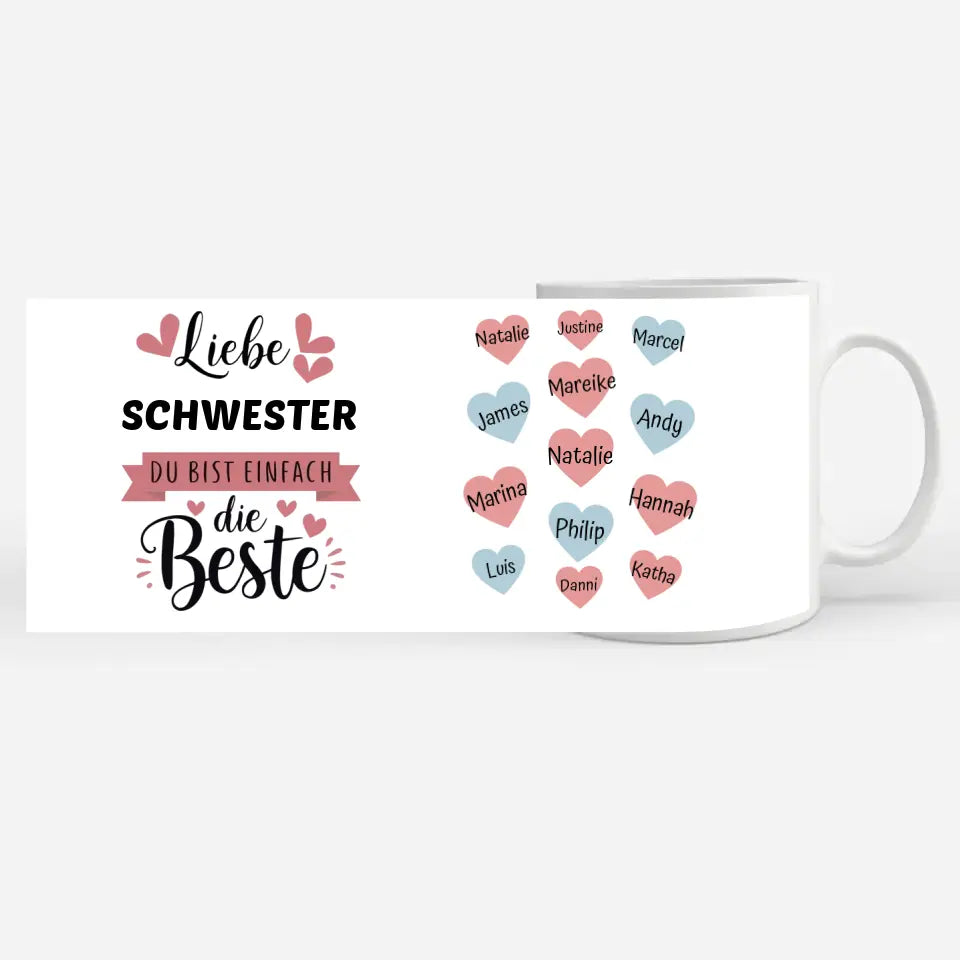 Tasse Schwester ist die Beste personalisiert mit 13 Namen