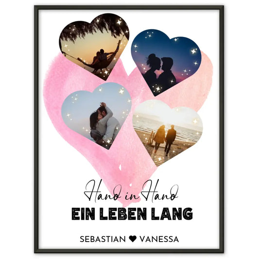 Personalisiertes Poster mit 4 Herzen Wasserfarben Hintergrund Mit Fotos & Namen