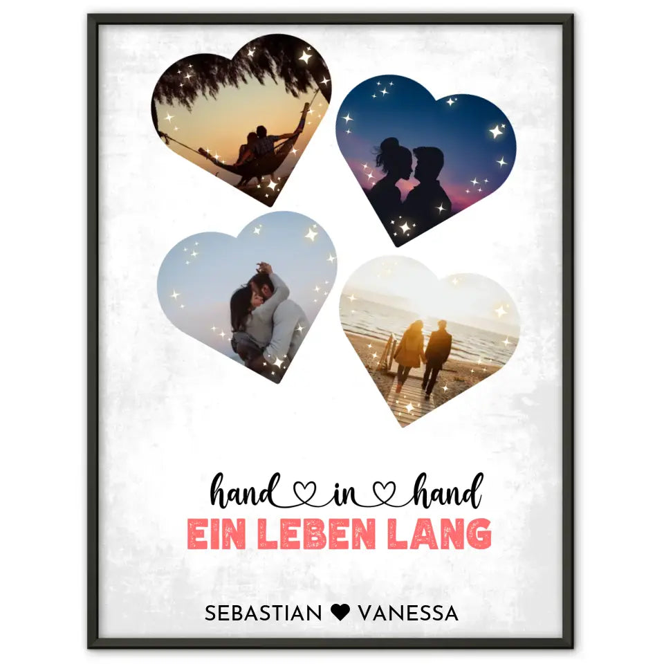 Personalisiertes Poster mit 4 Herzen Vintage Mit Fotos & Namen