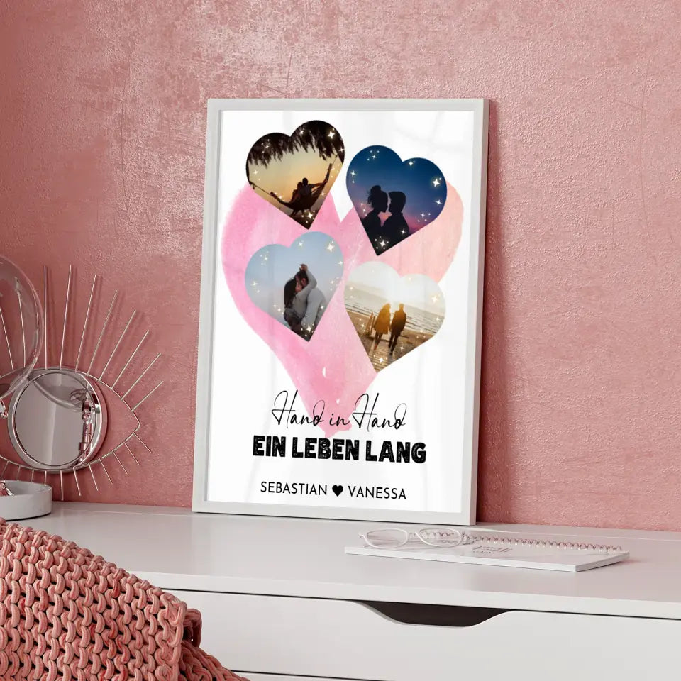 Personalisiertes Poster mit 4 Herzen Wasserfarben Hintergrund Mit Fotos & Namen