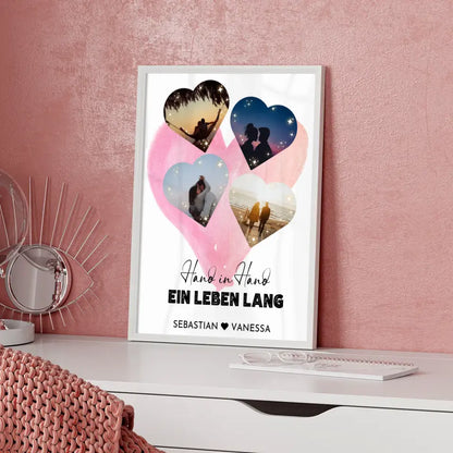 Personalisiertes Poster mit 4 Herzen Wasserfarben Hintergrund Mit Fotos & Namen
