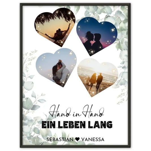 Personalisiertes Poster mit 4 Herzen Eukalyptus Mit Fotos & Namen