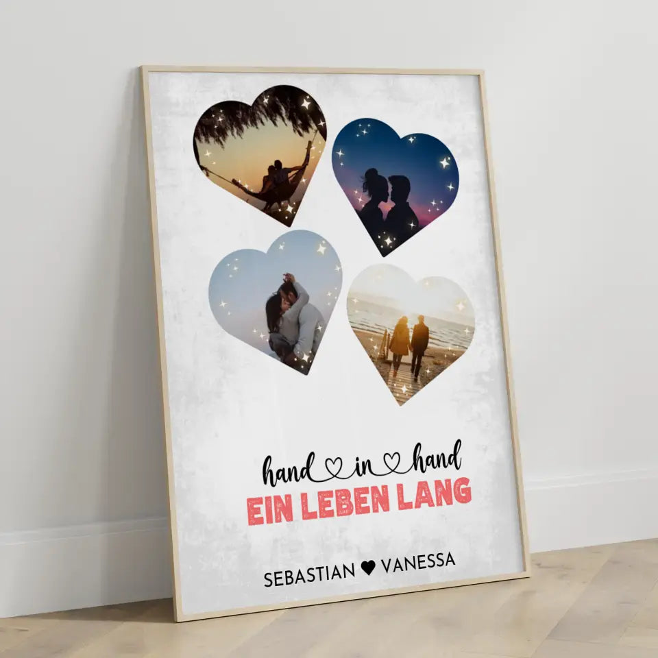 Personalisiertes Poster mit 4 Herzen Vintage Mit Fotos & Namen