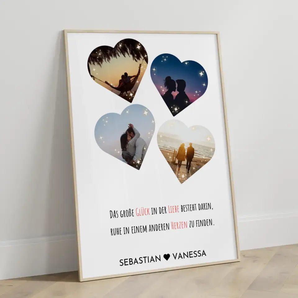 Personalisiertes Poster mit 4 Herzen Glück Mit Fotos & Namen