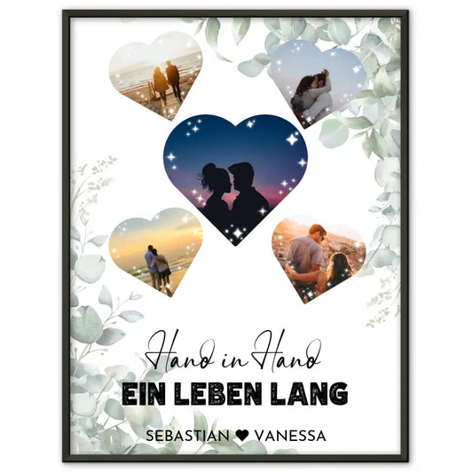 Personalisiertes Poster mit 5 Herzen Hand in Hand Eukalyptus Mit Fotos & Namen