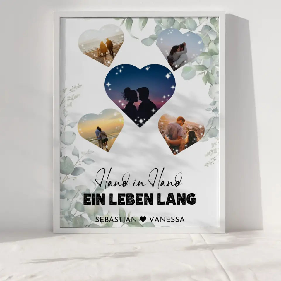 Personalisiertes Poster mit 5 Herzen Hand in Hand Eukalyptus Mit Fotos & Namen