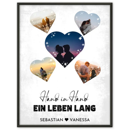Personalisiertes Poster mit 5 Herzen Hand in Hand Vintage Mit Fotos & Namen