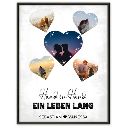 Personalisiertes Poster mit 5 Herzen Hand in Hand Vintage Mit Fotos & Namen