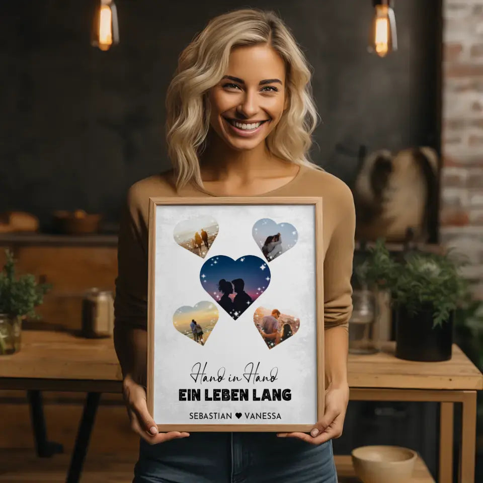 Personalisiertes Poster mit 5 Herzen Hand in Hand Vintage Mit Fotos & Namen