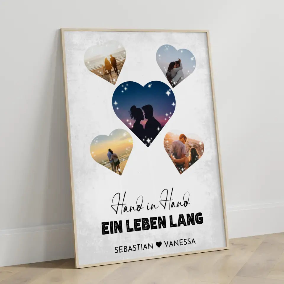 Personalisiertes Poster mit 5 Herzen Hand in Hand Vintage Mit Fotos & Namen