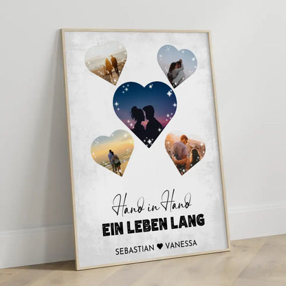 Personalisiertes Poster mit 5 Herzen Hand in Hand Vintage Mit Fotos & Namen