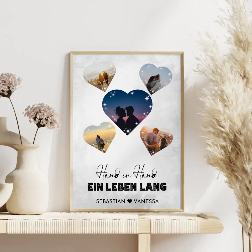 Personalisiertes Poster mit 5 Herzen Hand in Hand Vintage Mit Fotos & Namen
