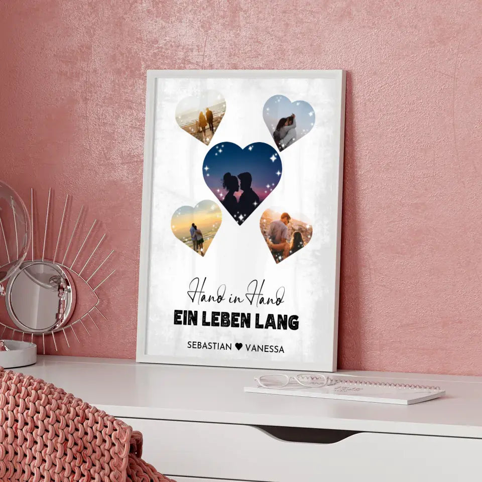 Personalisiertes Poster mit 5 Herzen Hand in Hand Vintage Mit Fotos & Namen