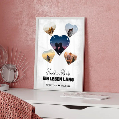 Personalisiertes Poster mit 5 Herzen Hand in Hand Vintage Mit Fotos & Namen