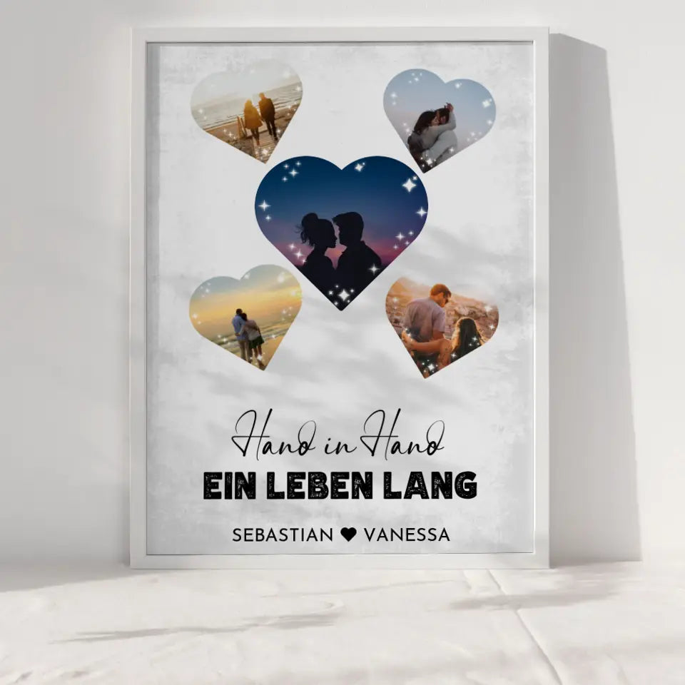 Personalisiertes Poster mit 5 Herzen Hand in Hand Vintage Mit Fotos & Namen
