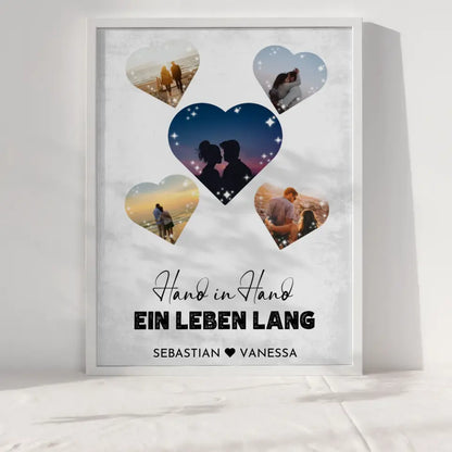 Personalisiertes Poster mit 5 Herzen Hand in Hand Vintage Mit Fotos & Namen
