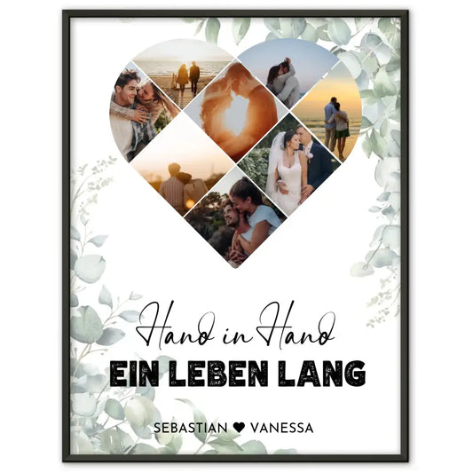 Personalisiertes Poster mit Herz aus Fotos Hand in Hand Mit 8 Fotos & Namen