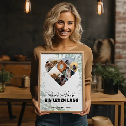 Personalisiertes Poster mit Herz aus Fotos Hand in Hand Mit 8 Fotos & Namen