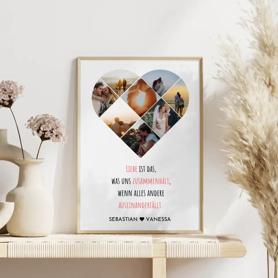 Personalisiertes Poster mit Herz aus Fotos Liebe Zusammenhalt Mit 8 Fotos & Namen Paare