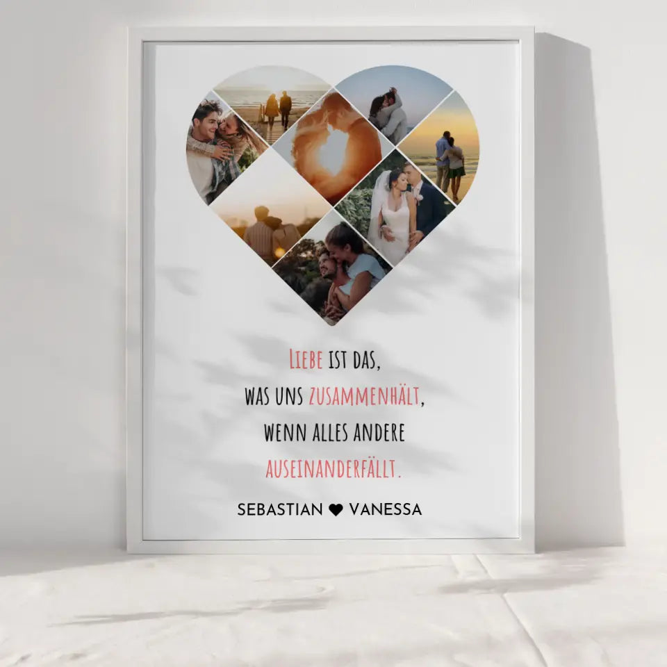 Personalisiertes Poster mit Herz aus Fotos Liebe Zusammenhalt Mit 8 Fotos & Namen