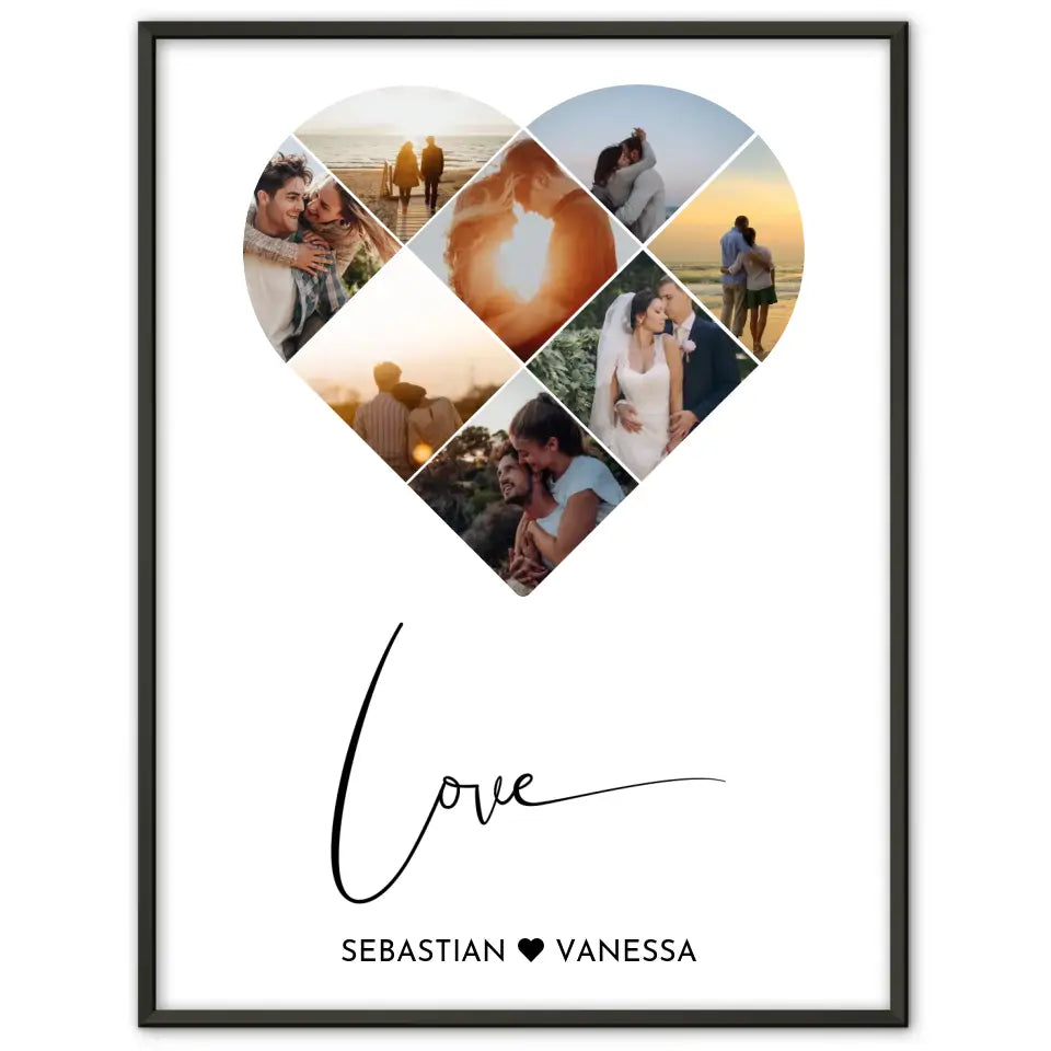 Personalisiertes Poster mit Herz aus Fotos Love Line Art Mit 8 Fotos & Namen