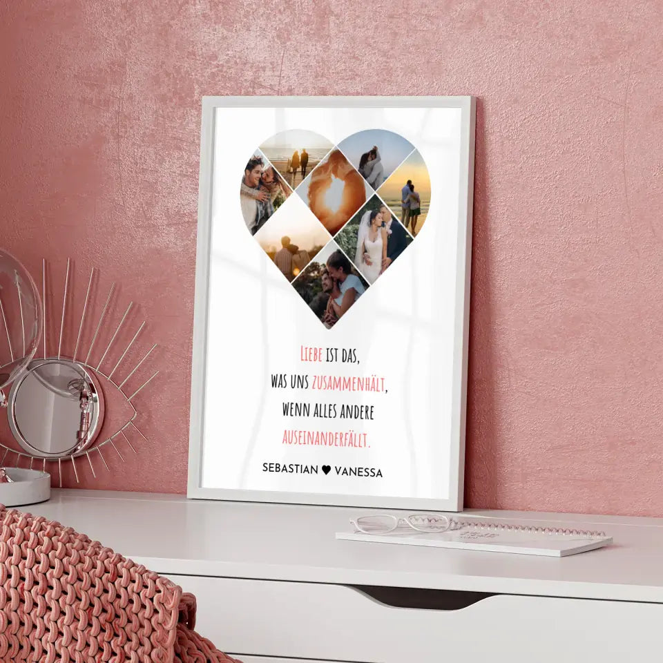 Personalisiertes Poster mit Herz aus Fotos Liebe Zusammenhalt Mit 8 Fotos & Namen Paare