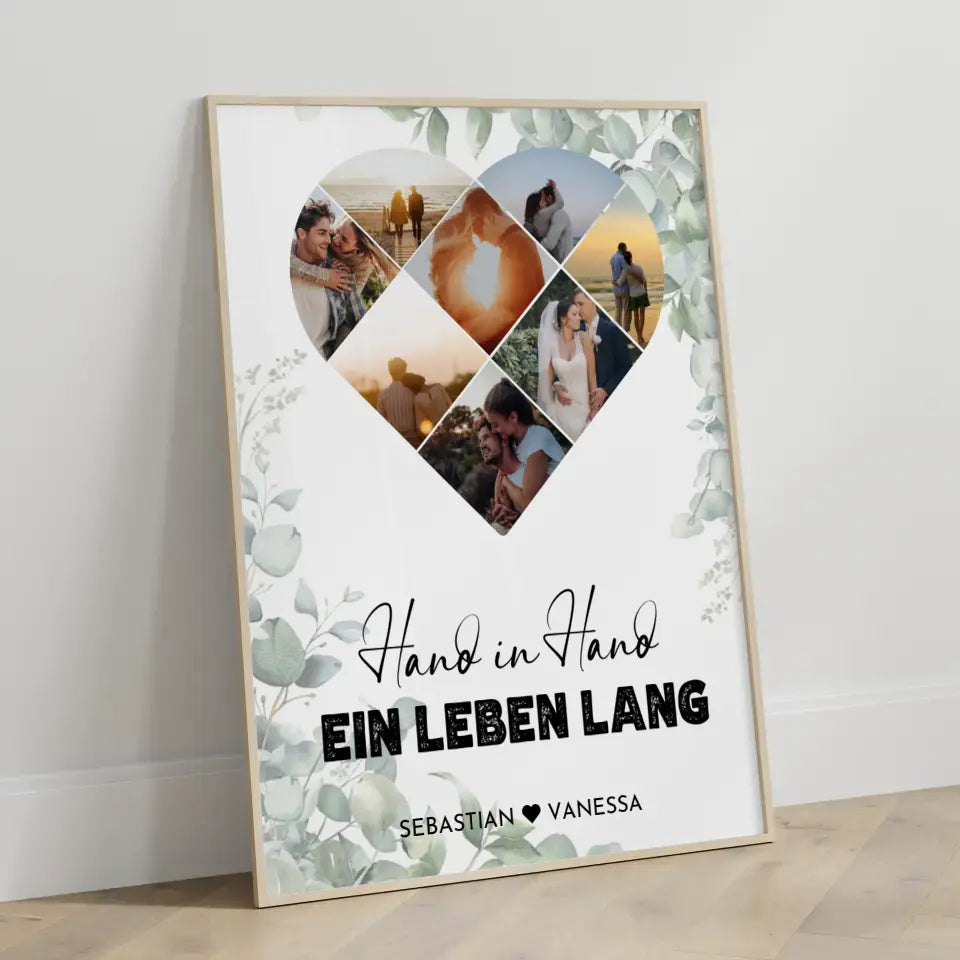 Personalisiertes Poster mit Herz aus Fotos Hand in Hand Mit 8 Fotos & Namen