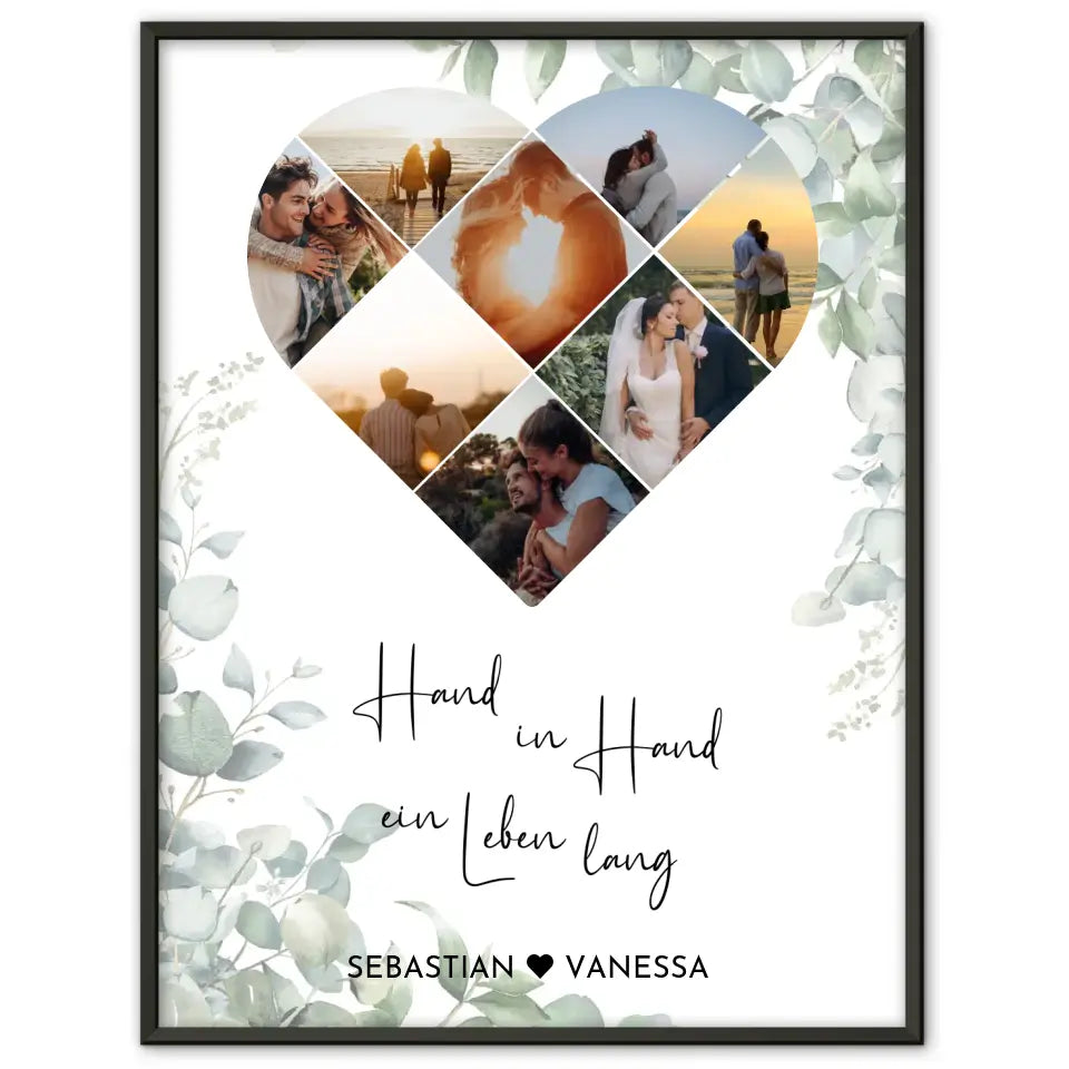 Personalisiertes Poster mit Herz aus Fotos Hand in Hand Eukalyptus Mit 8 Fotos & Namen
