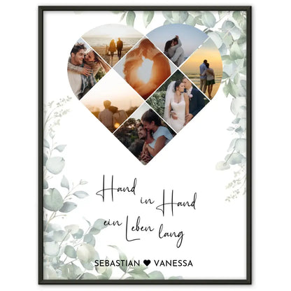 Personalisiertes Poster mit Herz aus Fotos Hand in Hand Eukalyptus Mit 8 Fotos & Namen