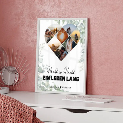 Personalisiertes Poster mit Herz aus Fotos Hand in Hand Mit 8 Fotos & Namen