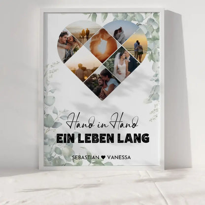 Personalisiertes Poster mit Herz aus Fotos Hand in Hand Mit 8 Fotos & Namen