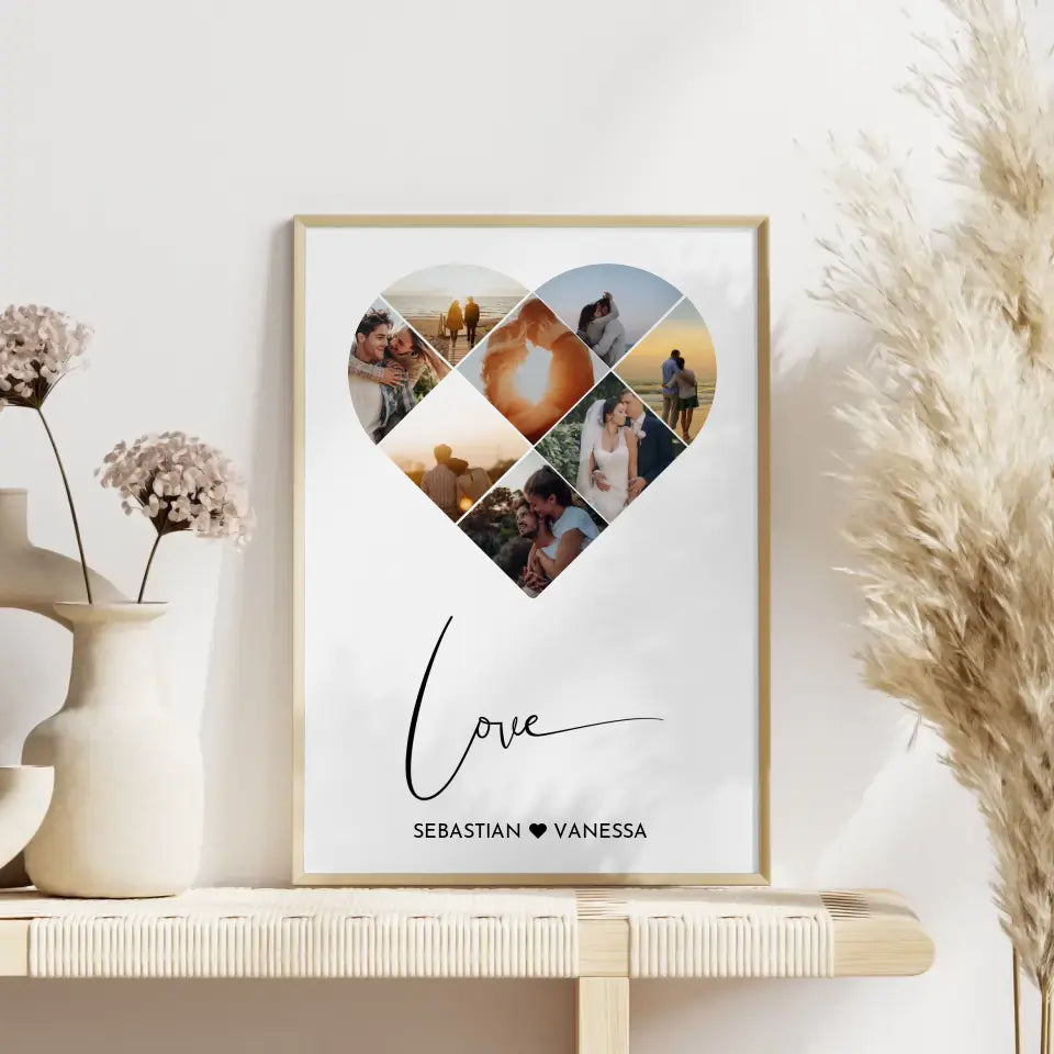 Personalisiertes Poster mit Herz aus Fotos Love Line Art Mit 8 Fotos & Namen
