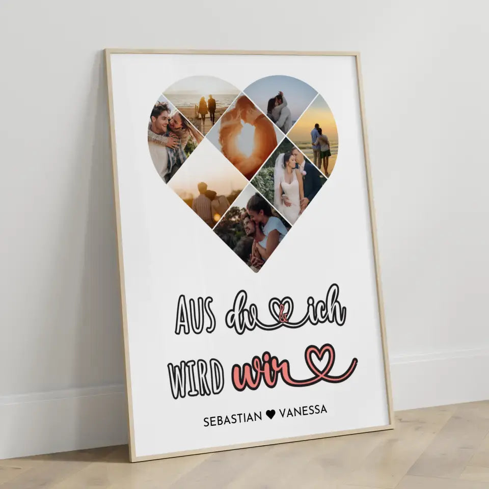 Personalisiertes Poster mit Herz aus Fotos Du & Ich Wir Mit 8 Fotos & Namen