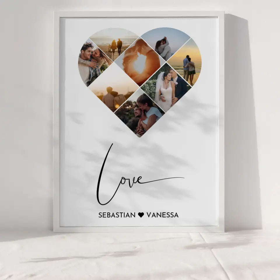 Personalisiertes Poster mit Herz aus Fotos Love Line Art Mit 8 Fotos & Namen