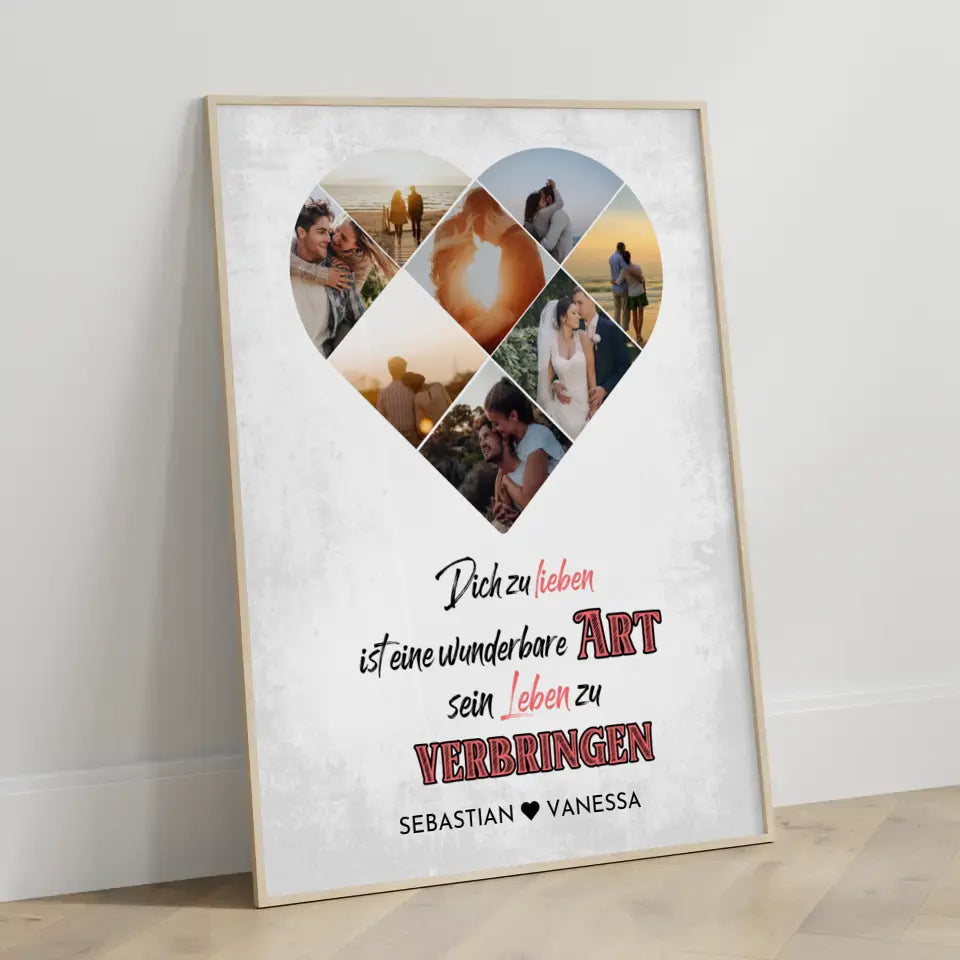 Personalisiertes Poster mit Herz aus Fotos Dich zu Lieben Vintage Mit 8 Fotos & Namen