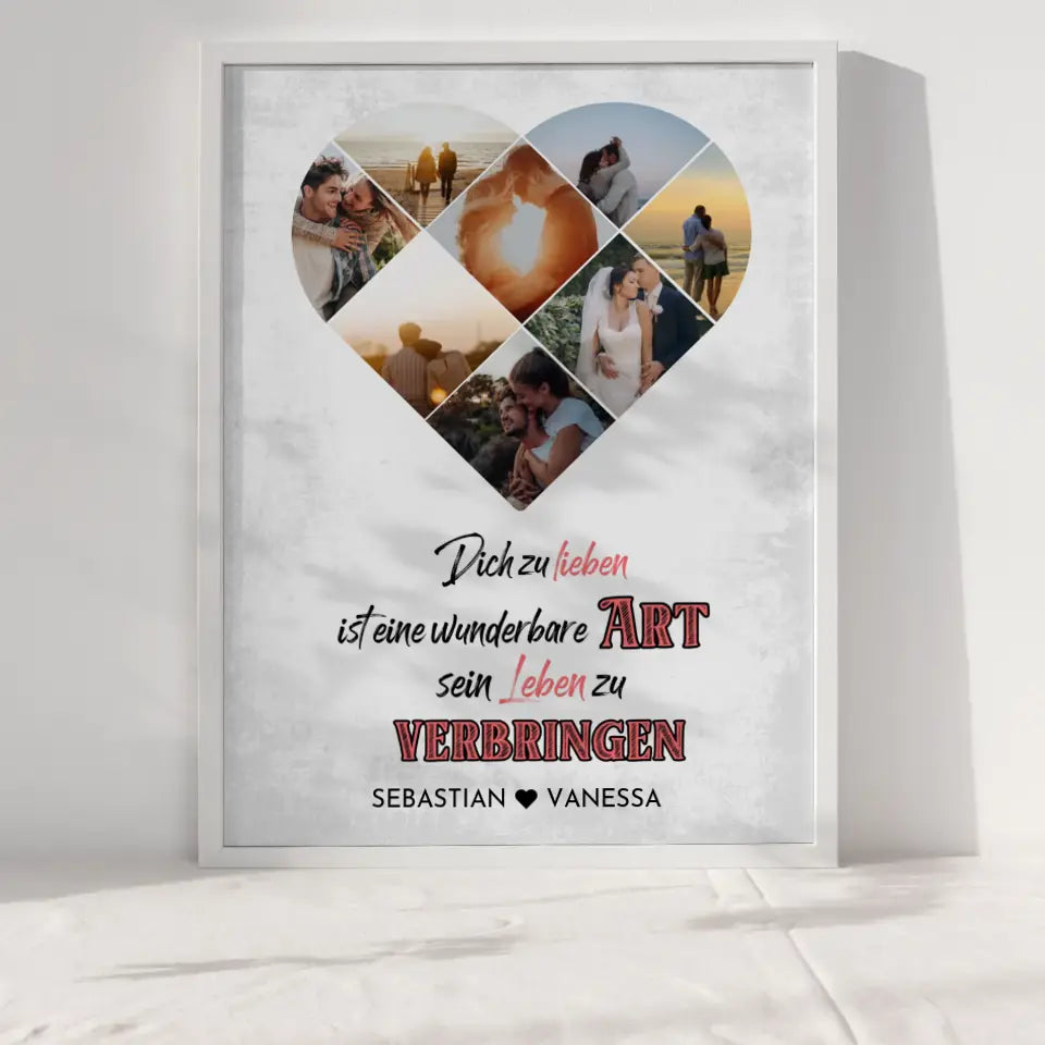 Personalisiertes Poster mit Herz aus Fotos Dich zu Lieben Vintage Mit 8 Fotos & Namen