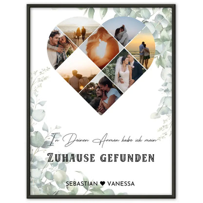 Personalisiertes Poster mit Herz aus Fotos Zuhause Liebe Mit 8 Fotos & Namen
