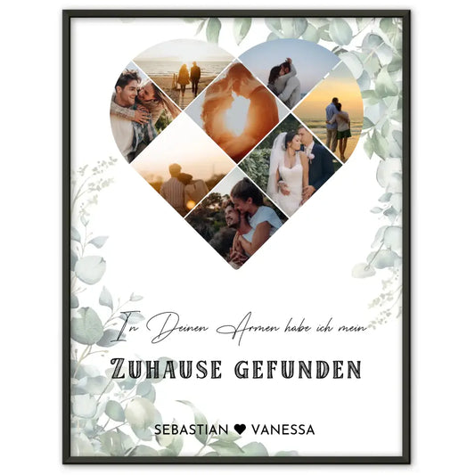 Personalisiertes Poster mit Herz aus Fotos Zuhause Liebe Mit 8 Fotos & Namen