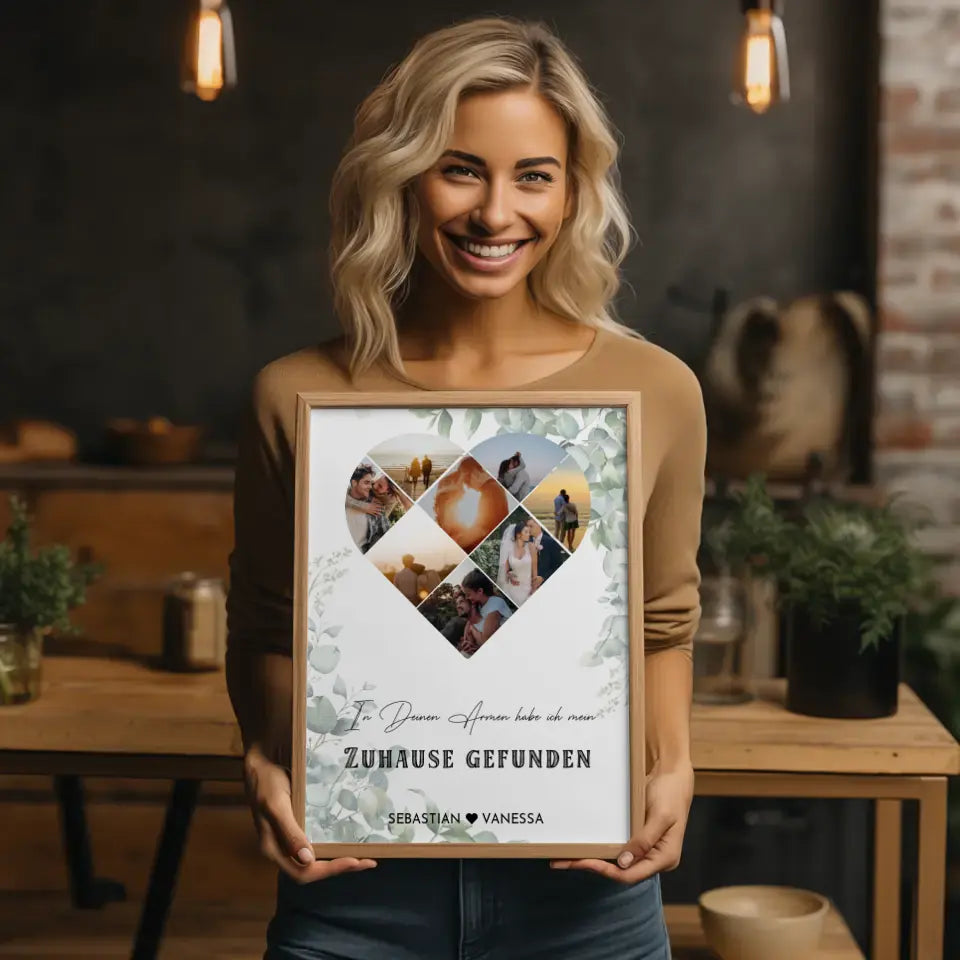 Personalisiertes Poster mit Herz aus Fotos Zuhause Liebe Mit 8 Fotos & Namen