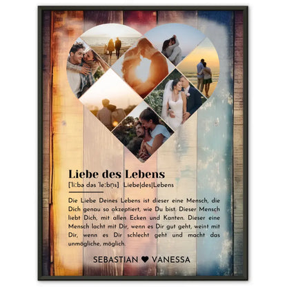 Personalisiertes Poster mit Herz aus Fotos Liebe Definition Holz Stil Bunt Mit 8 Fotos & Namen