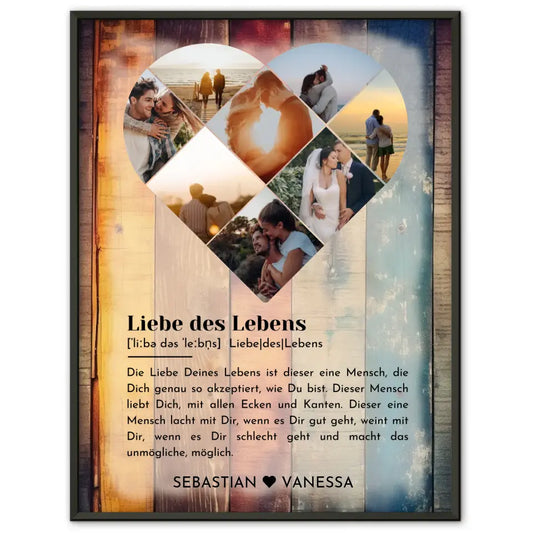 Personalisiertes Poster mit Herz aus Fotos Liebe Definition Holz Stil Bunt Mit 8 Fotos & Namen